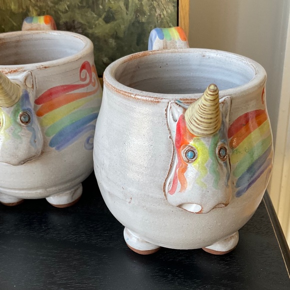 Mudworks Elwood the Rainbow Unicorn Mugs (2) Hand Thrown Pottery Footed USA Made - Picture 2 of 12